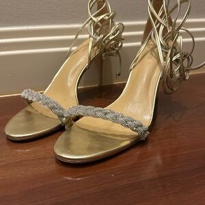 Tony Bianco Gold tie up jeweled 3 1/5 inch heel.